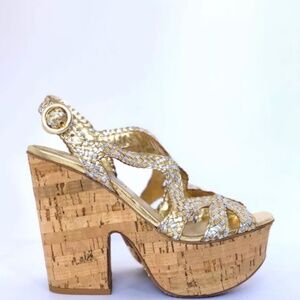 Prada woven gold and silver cork heel platform sandals 10.5